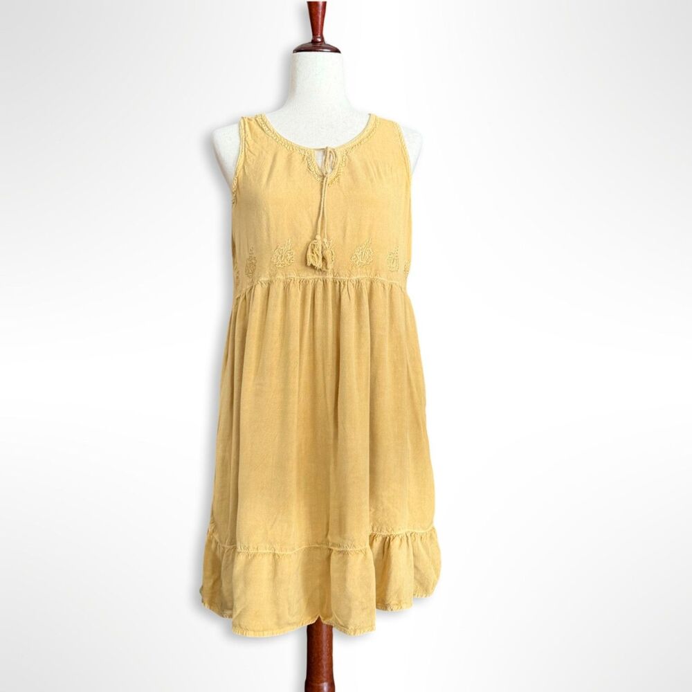 Raya Sun, Gold Relaxed Fit Embroidered Mini Dress, L, Boho Vacation